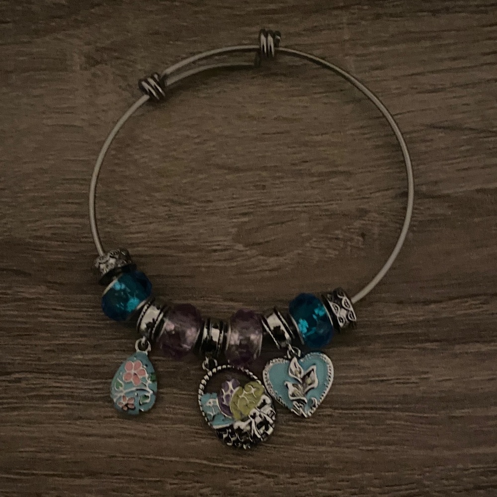 Easter Silver Charm Bracelet with Blue and Purple Accents